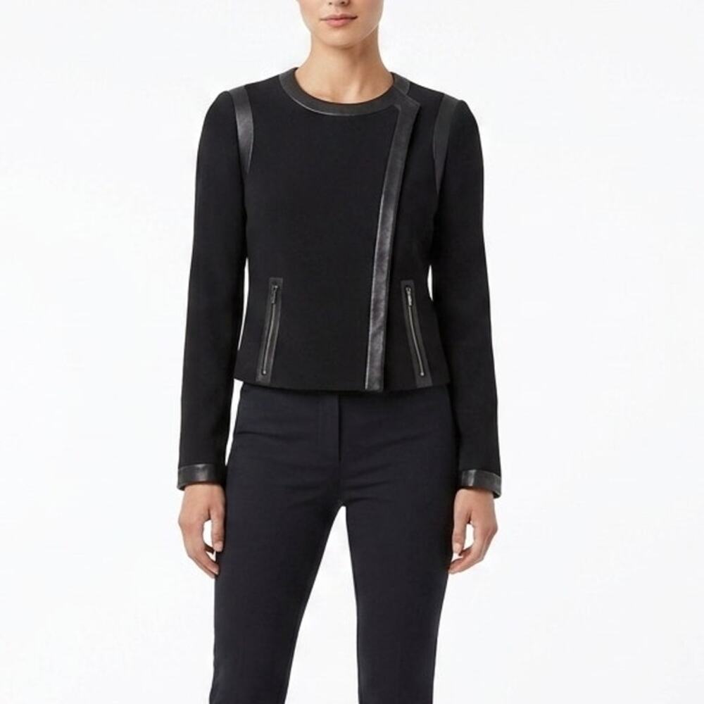 Diane von Furstenberg Black Asymmetric Leather Trim Blazer Jacket Size 4